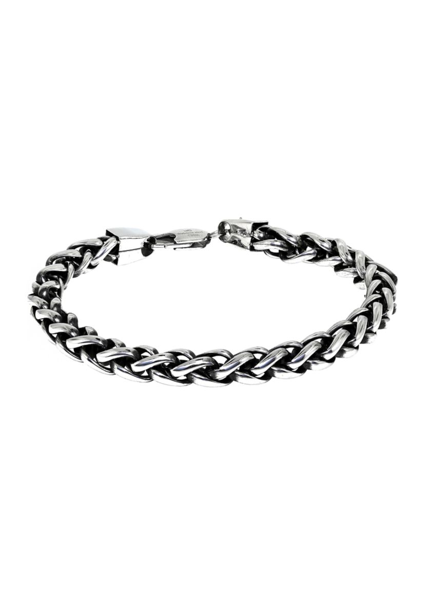 Stainless Steel 8 Millimeter Wheat Chain Bracelet with Black Plating Inlay, 9 Inch