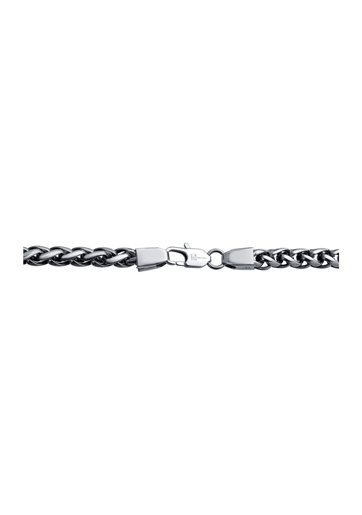 Stainless Steel 8 Millimeter Wheat Chain Bracelet with Black Plating Inlay, 9 Inch
