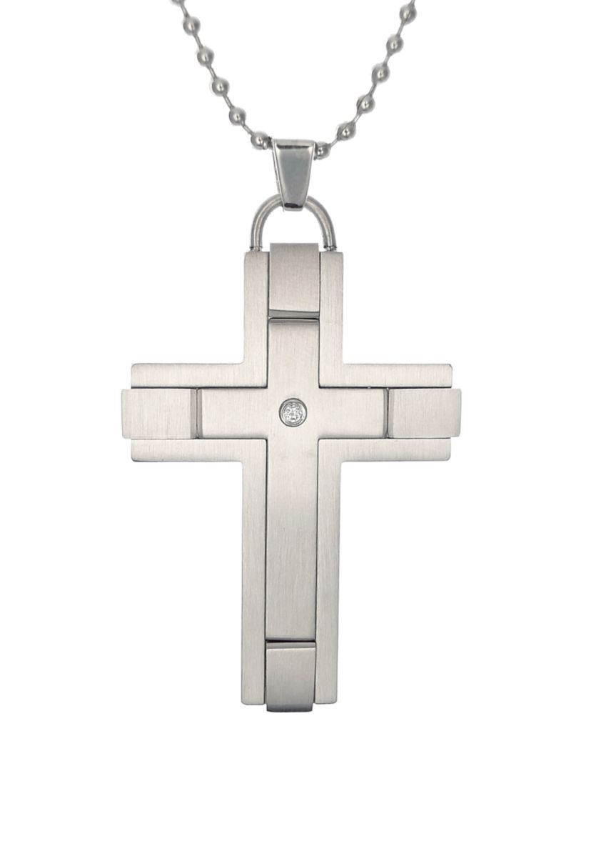 Mens Stainless Steel Cross Pendant with .02 cttw Diamond Accent