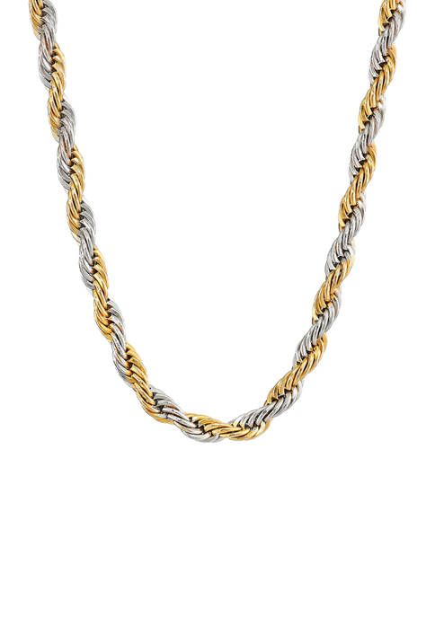Stainless Steel 4 Millimeter Rope Chain Necklace with Two Tone Gold Tone Ion Plating, 24 Inch
