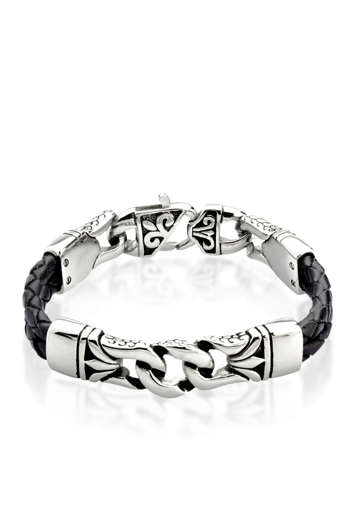 Mens Stainless Steel and Black Leather Bracelet