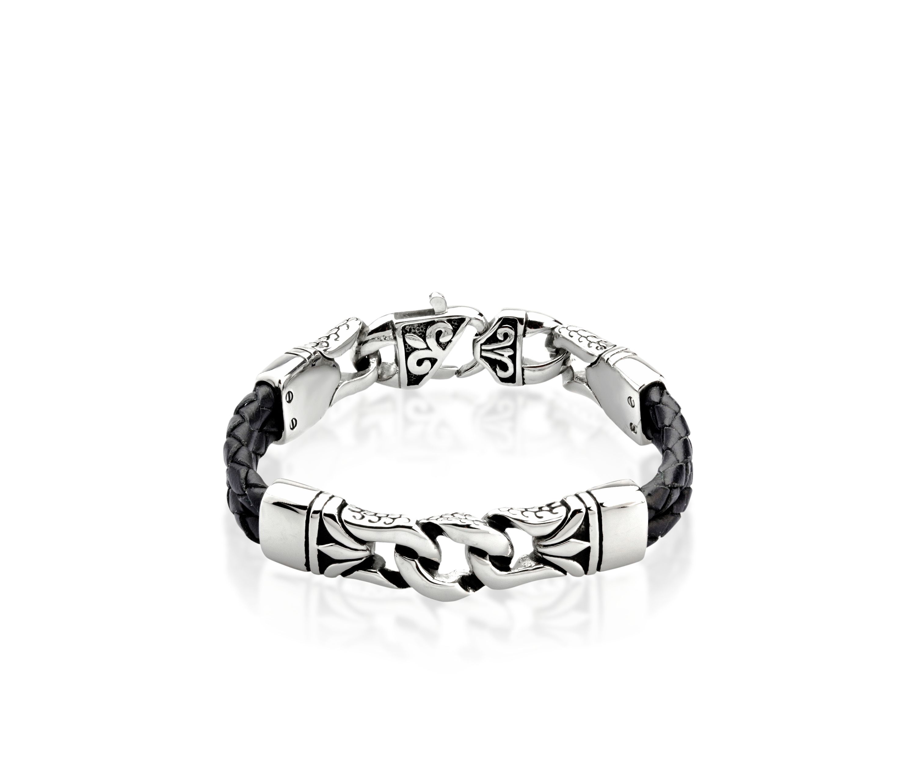 Mens Stainless Steel and Black Leather Bracelet