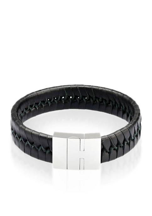 Mens Stainless Steel Black Leather Bracelet