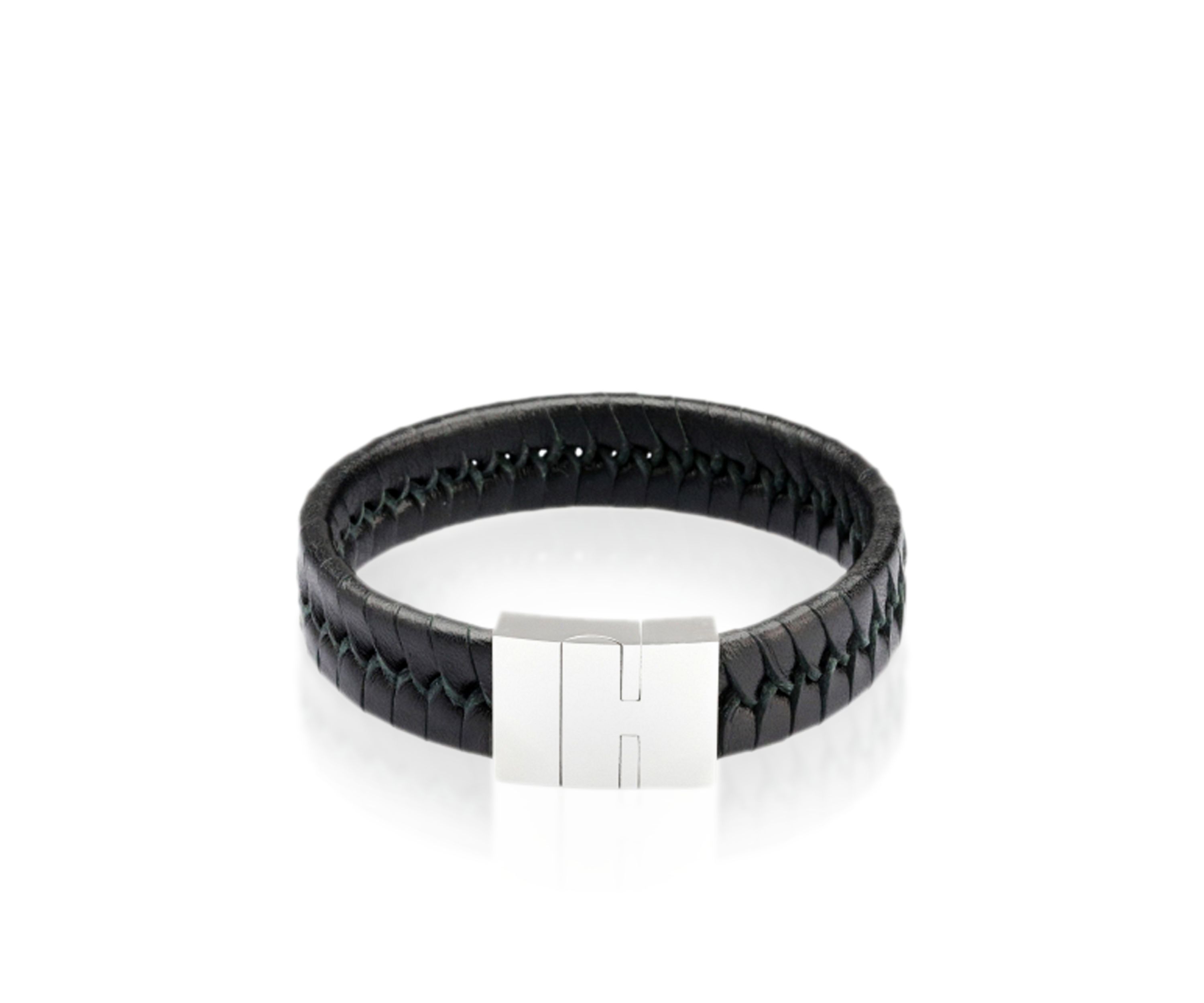 Mens Stainless Steel Black Leather Bracelet