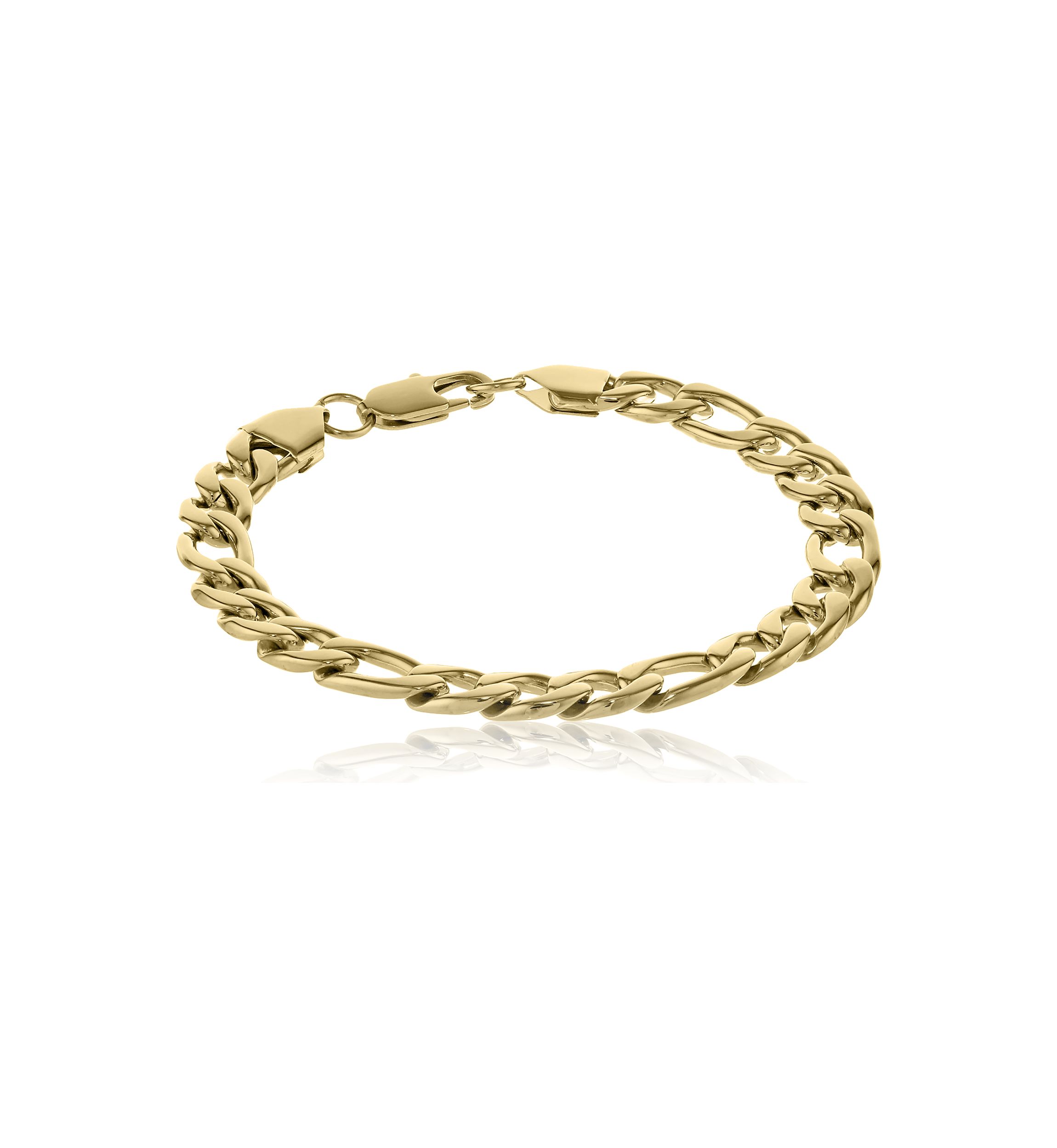 Stainless Steel 9 Millimeter Figaro Chain Bracelet with Gold Tone Ion Plating, 9 Inch