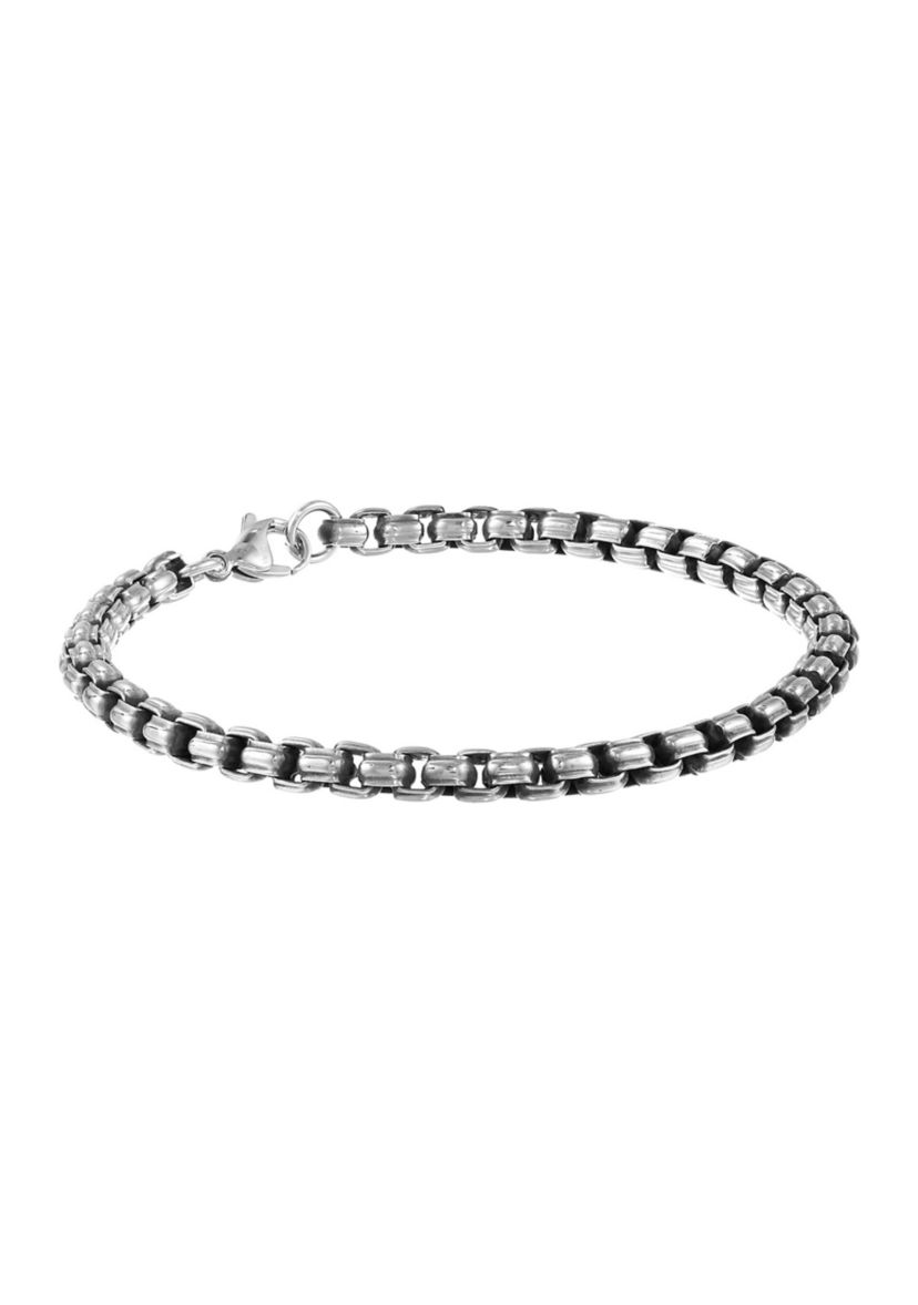 Stainless Steel 5.5 Millimeter Round Box Chain Bracelet with Black Plating Inlay, 9 Inch