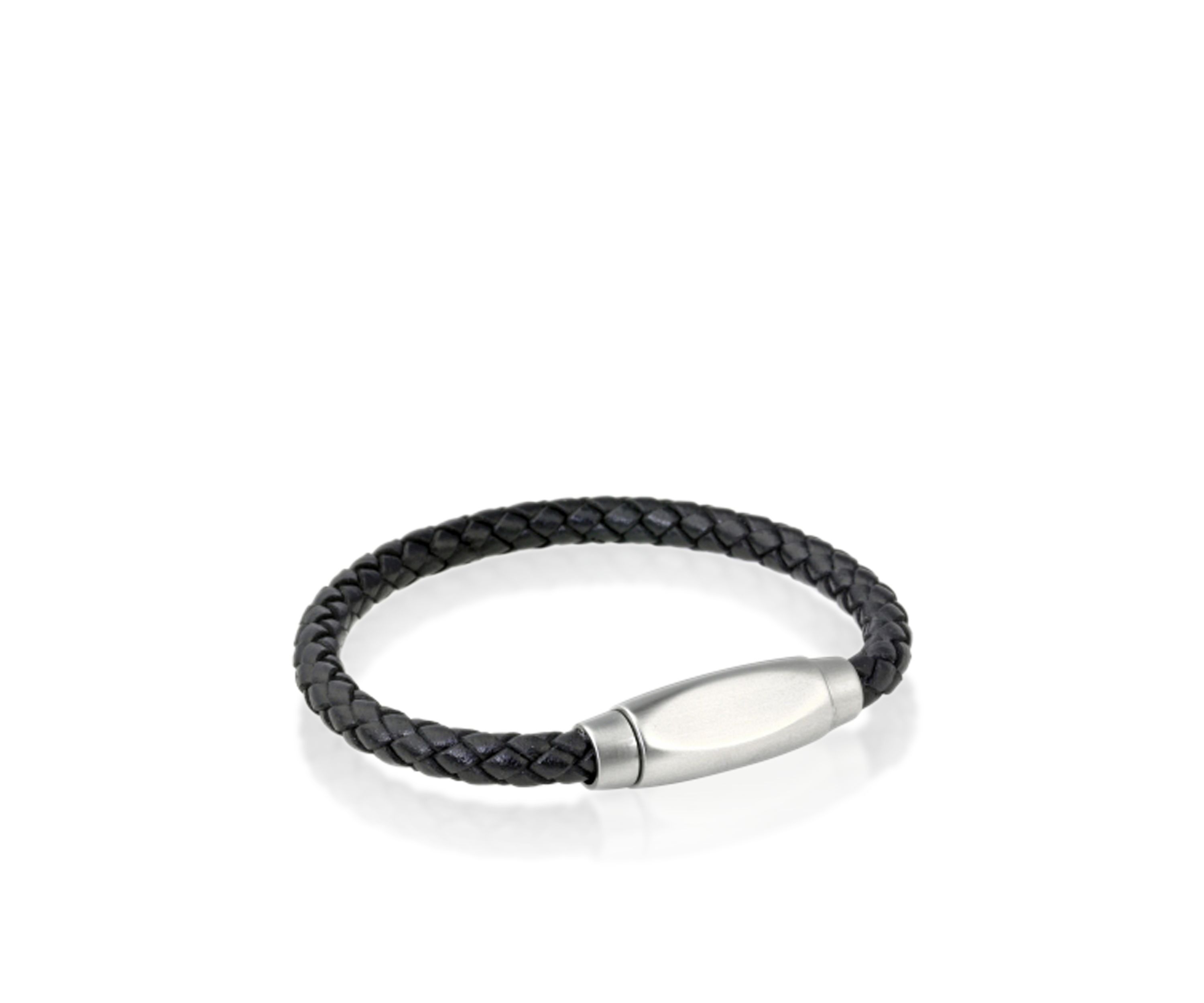 Mens Stainless Steel Black Leather Bracelet