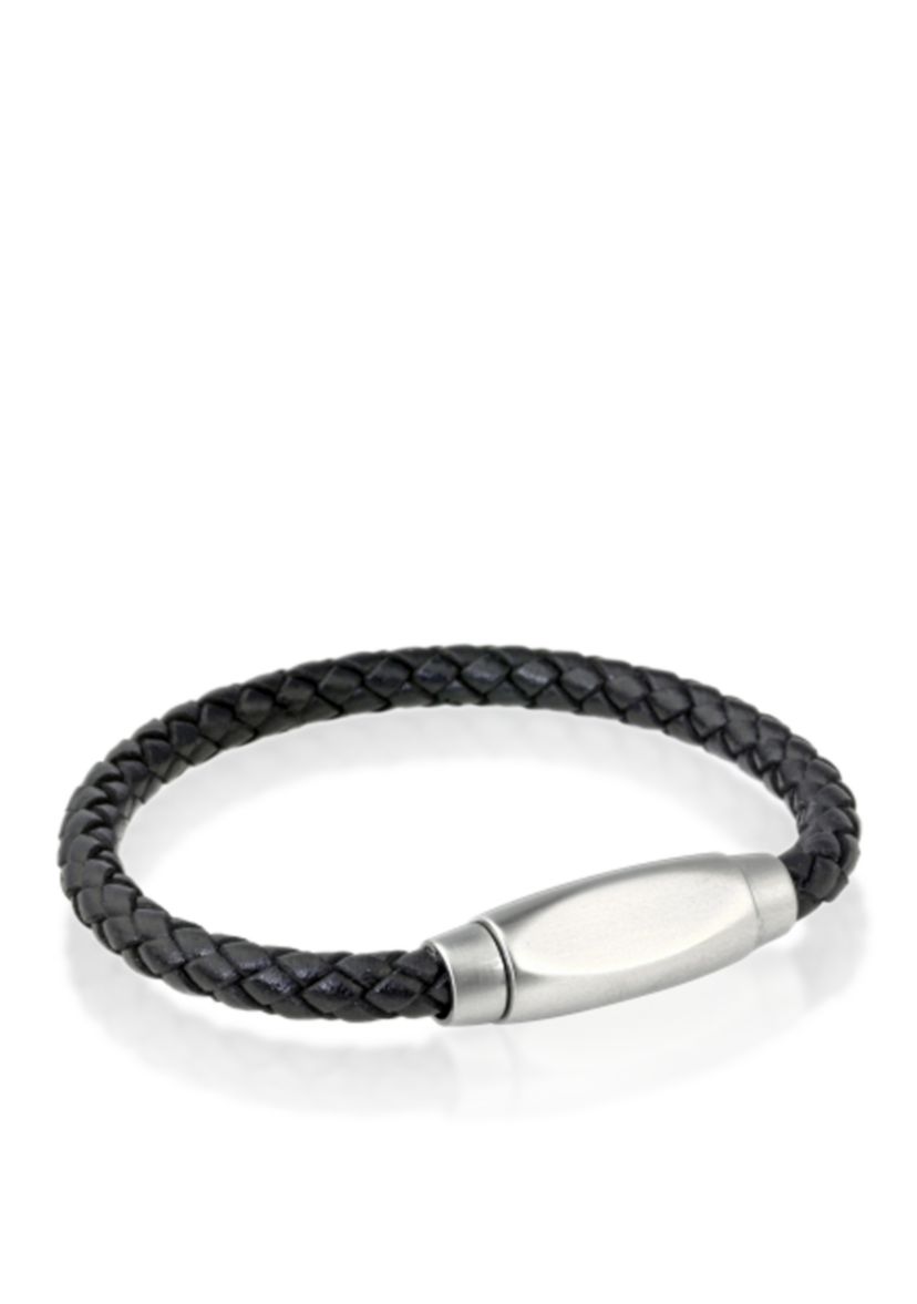 Mens Stainless Steel Black Leather Bracelet