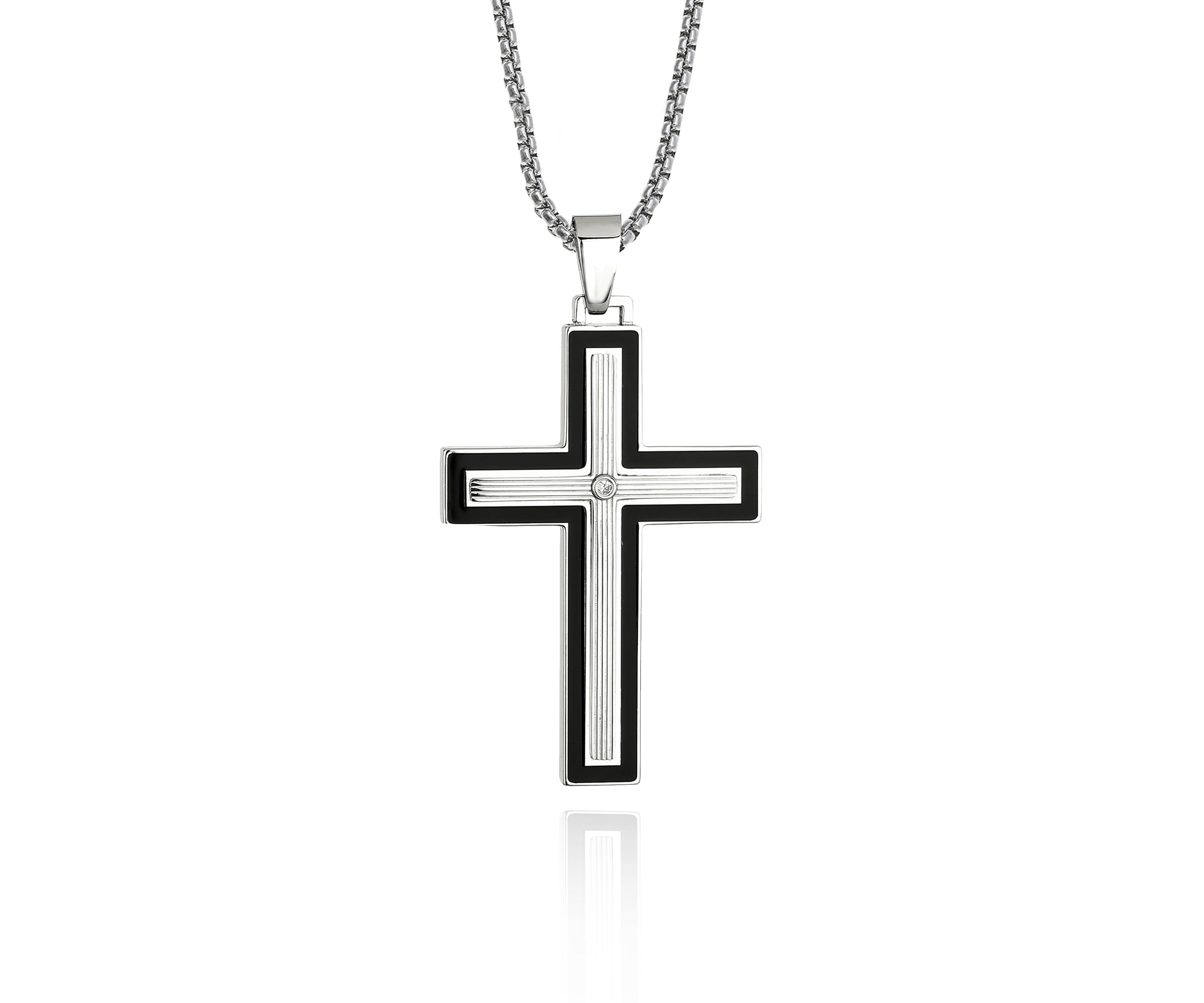 Mens Stainless Steel Cubic Zirconia Cross Pendant