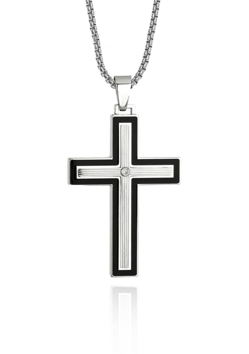 Mens Stainless Steel Cubic Zirconia Cross Pendant