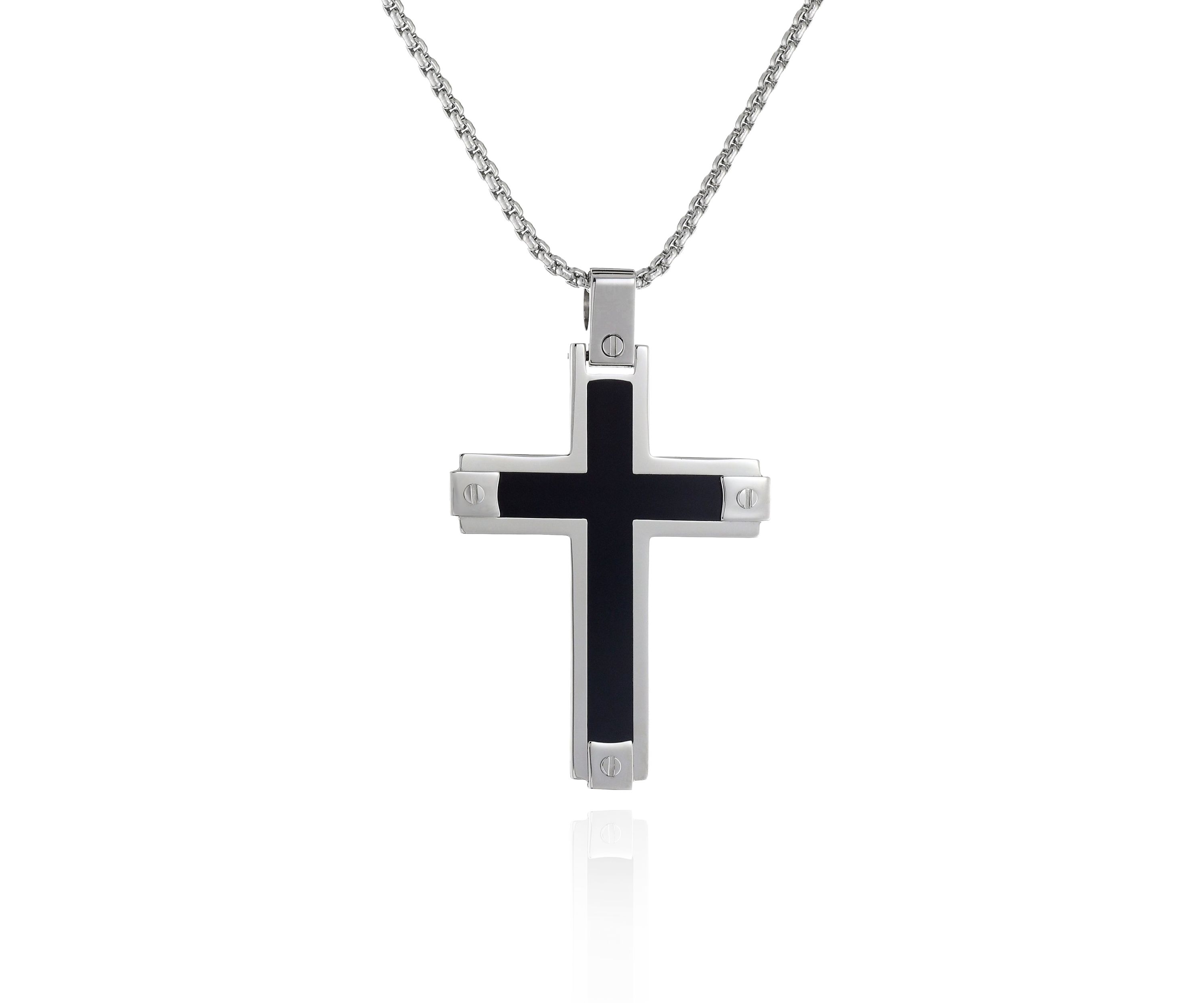 Mens Stainless Steel and Black Resin Cross Pendant