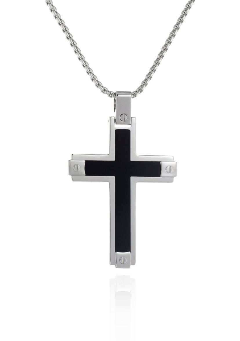 Mens Stainless Steel and Black Resin Cross Pendant