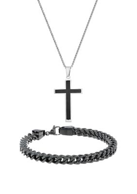 Belk & Co Men's Stainless Steel Cross Pendant and 6 Millimeter Foxtail Chain Bracelet with Black Ion Plating in a Box Set