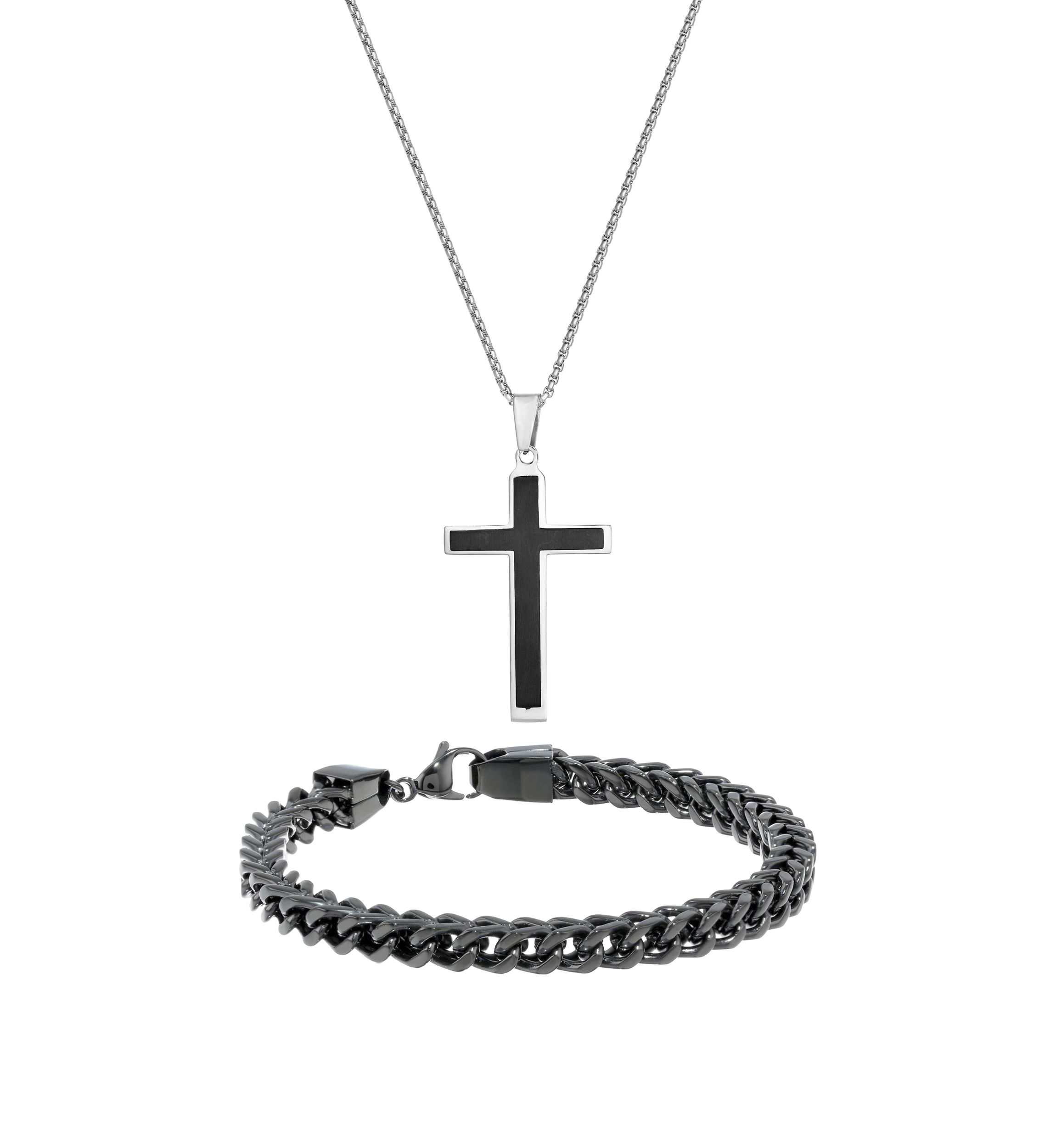 Stainless Steel Cross Pendant and 6 Millimeter Foxtail Chain Bracelet with Black Ion Plating in a Box Set