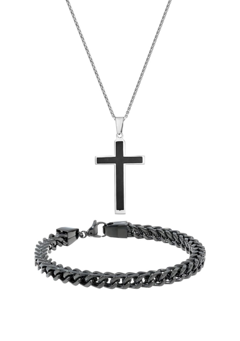 Stainless Steel Cross Pendant and 6 Millimeter Foxtail Chain Bracelet with Black Ion Plating in a Box Set