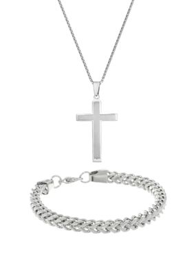 Belk & Co Men's Stainless Steel Cross Pendant and 6 Millimeter Foxtail Chain Bracelet in a Box Set, Silver