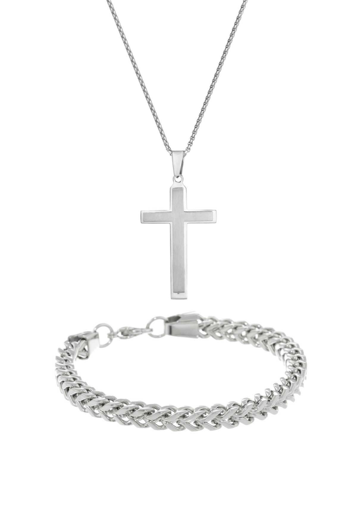Stainless Steel Cross Pendant and 6 Millimeter Foxtail Chain Bracelet in a Box Set