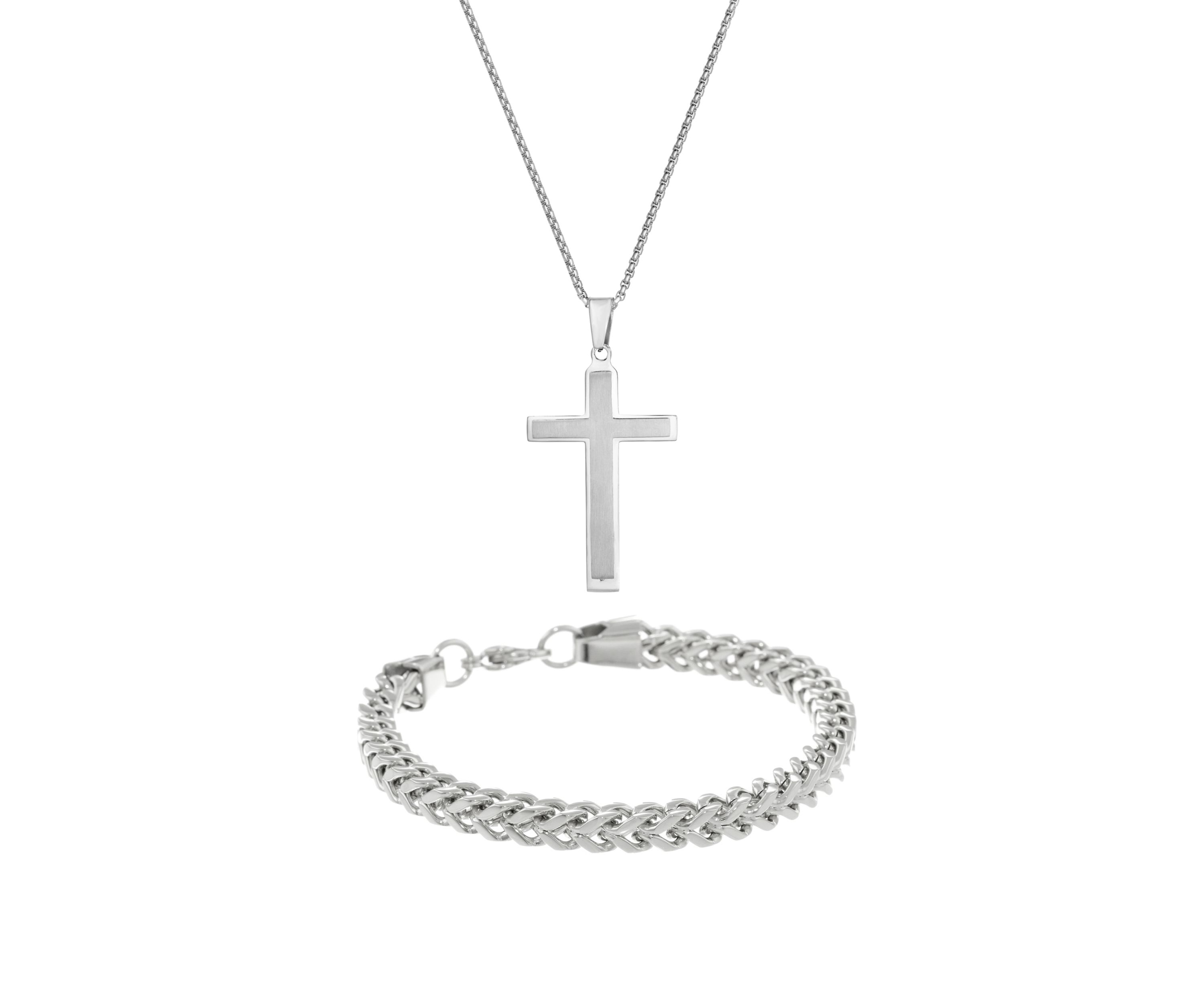 Stainless Steel Cross Pendant and 6 Millimeter Foxtail Chain Bracelet in a Box Set