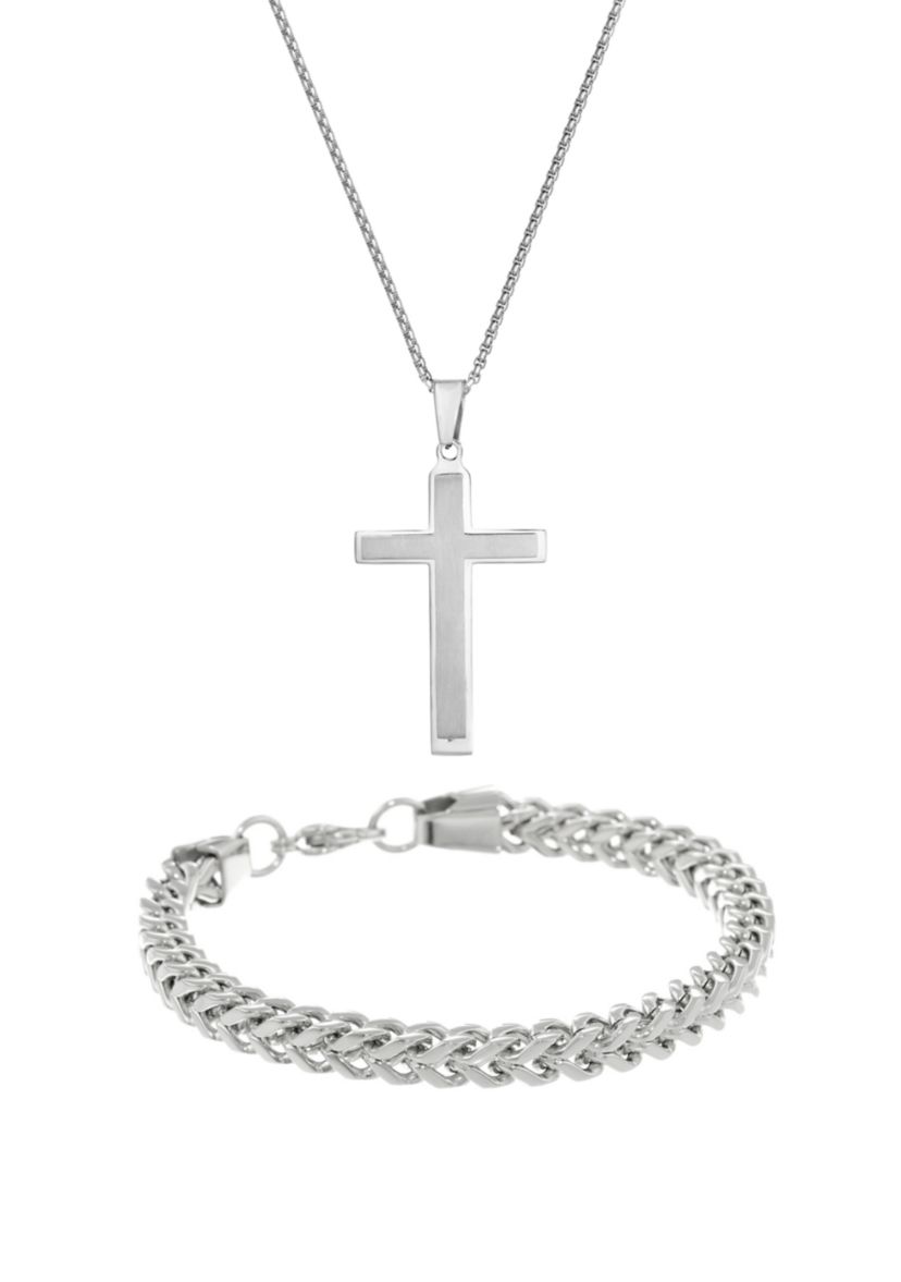 Stainless Steel Cross Pendant and 6 Millimeter Foxtail Chain Bracelet in a Box Set