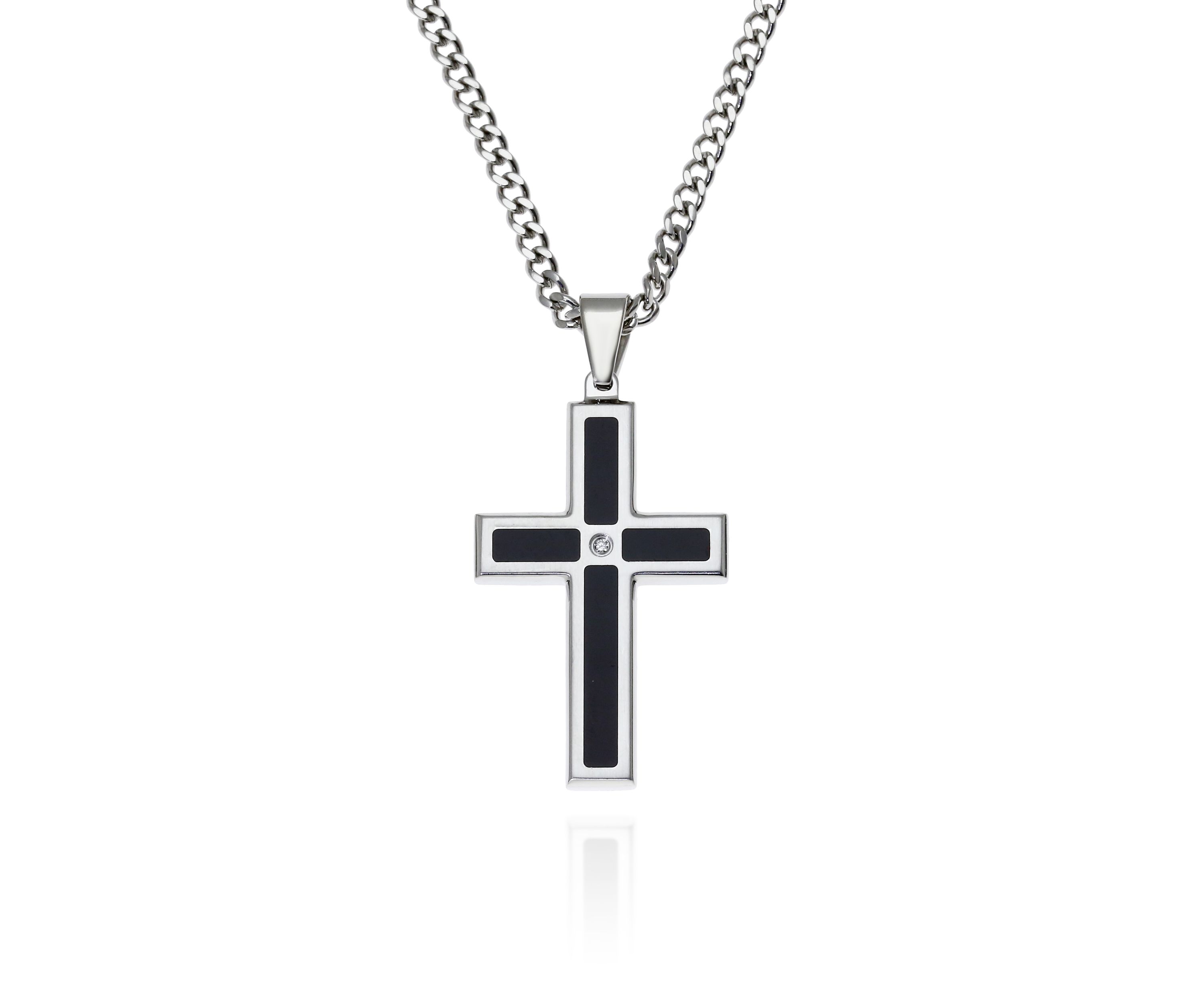 Mens Stainless Steel Black Resin and Diamond Cross Pendant