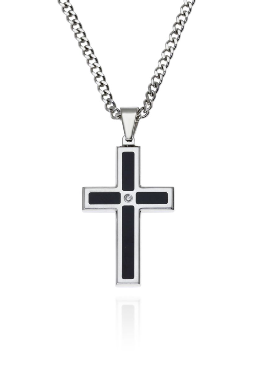 Mens Stainless Steel Black Resin and Diamond Cross Pendant