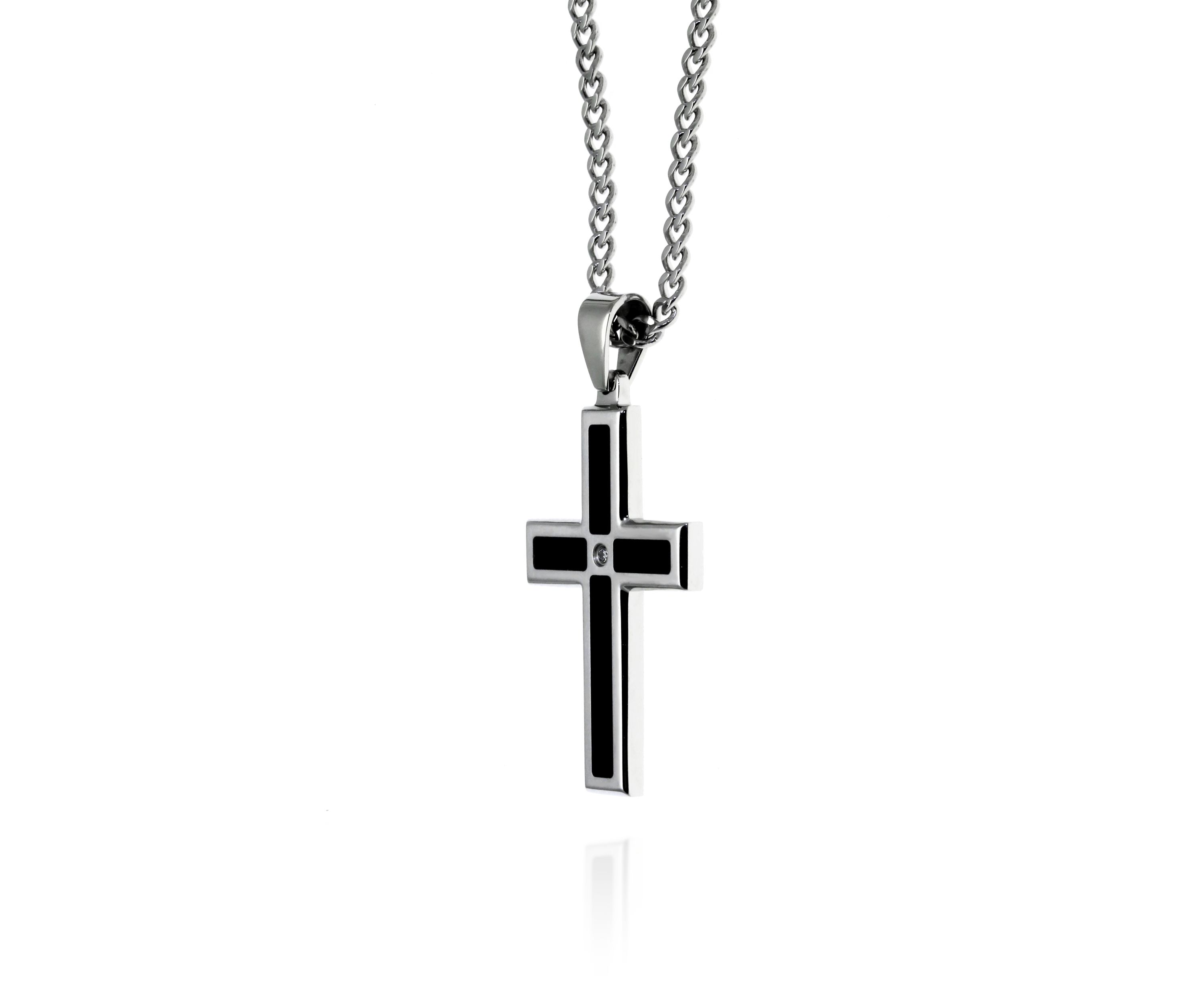 Mens Stainless Steel Black Resin and Diamond Cross Pendant