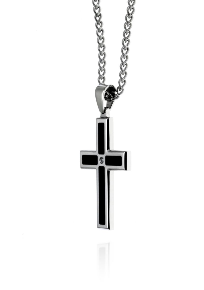 Mens Stainless Steel Black Resin and Diamond Cross Pendant