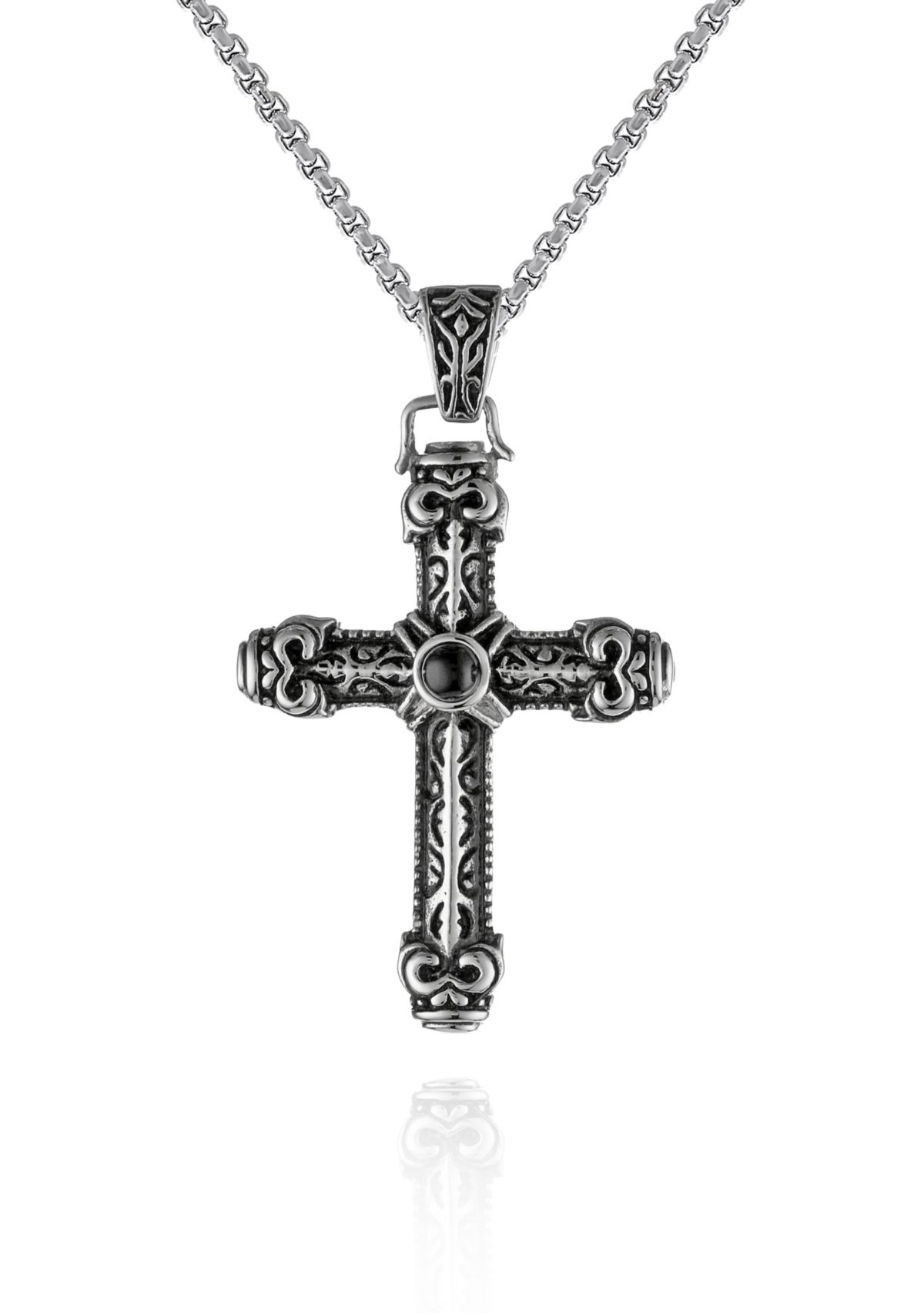 Mens Stainless Steel and Black Agate Cross Pendant