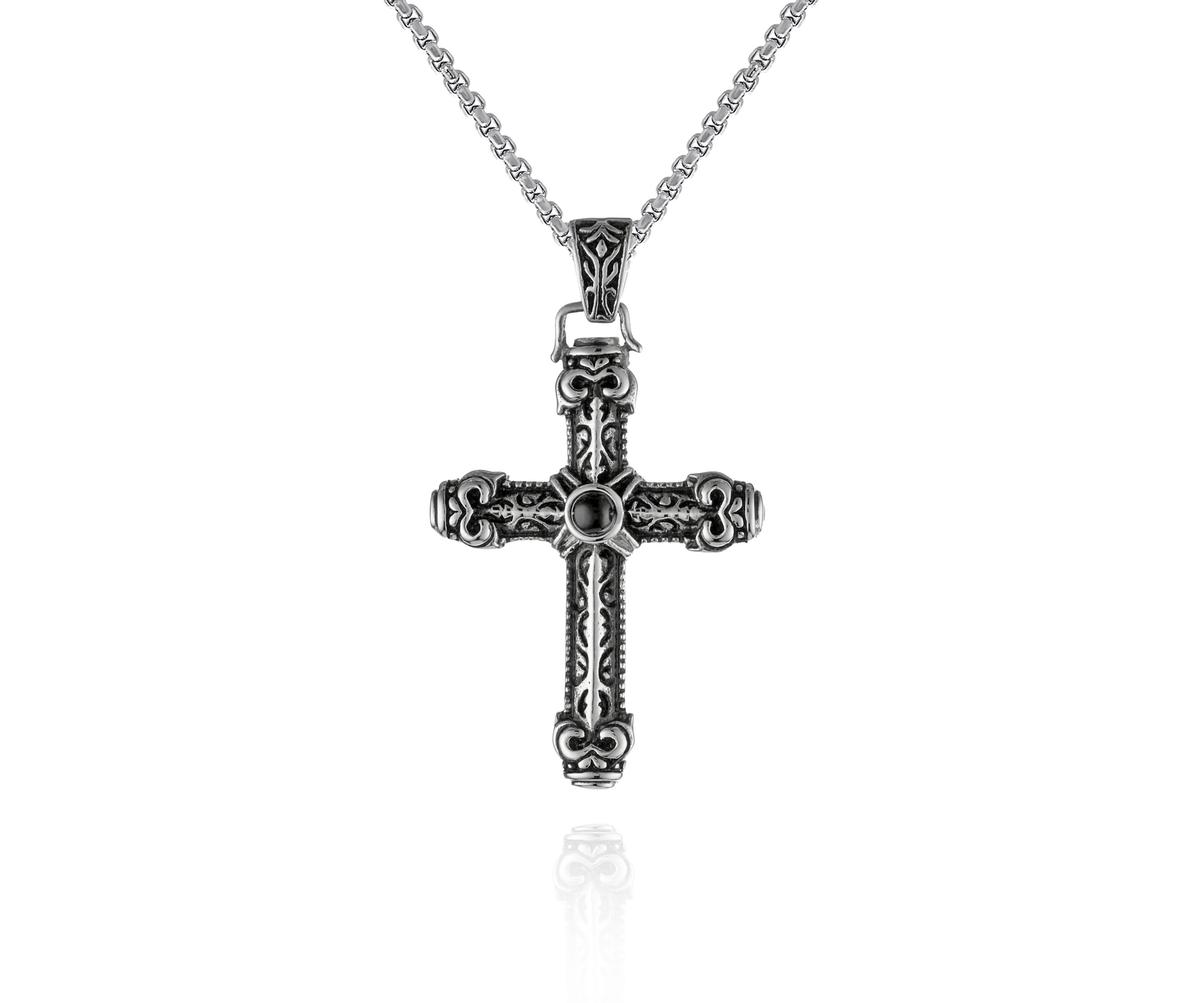 Mens Stainless Steel and Black Agate Cross Pendant
