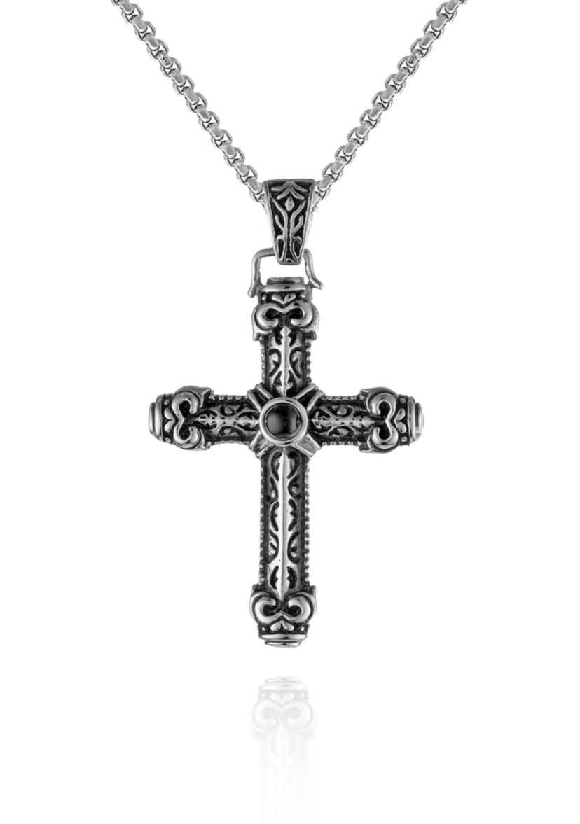 Mens Stainless Steel and Black Agate Cross Pendant