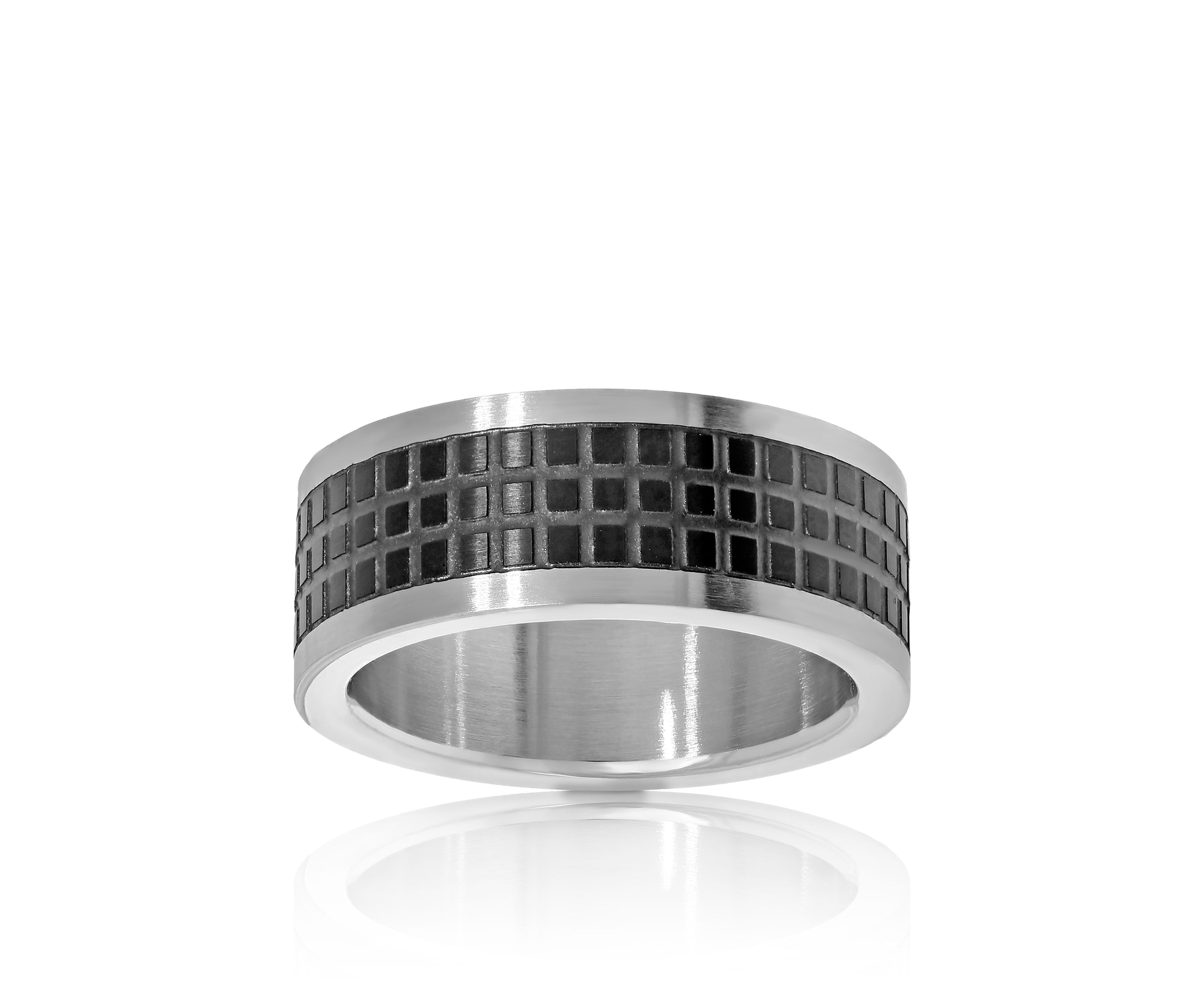 Mens Stainless Steel Black Pattern Ring