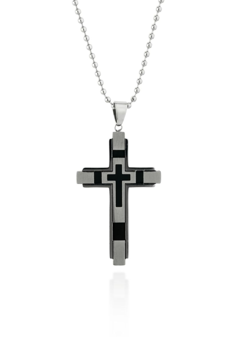 Mens Stainless Steel and Black Resin Cross Pendant