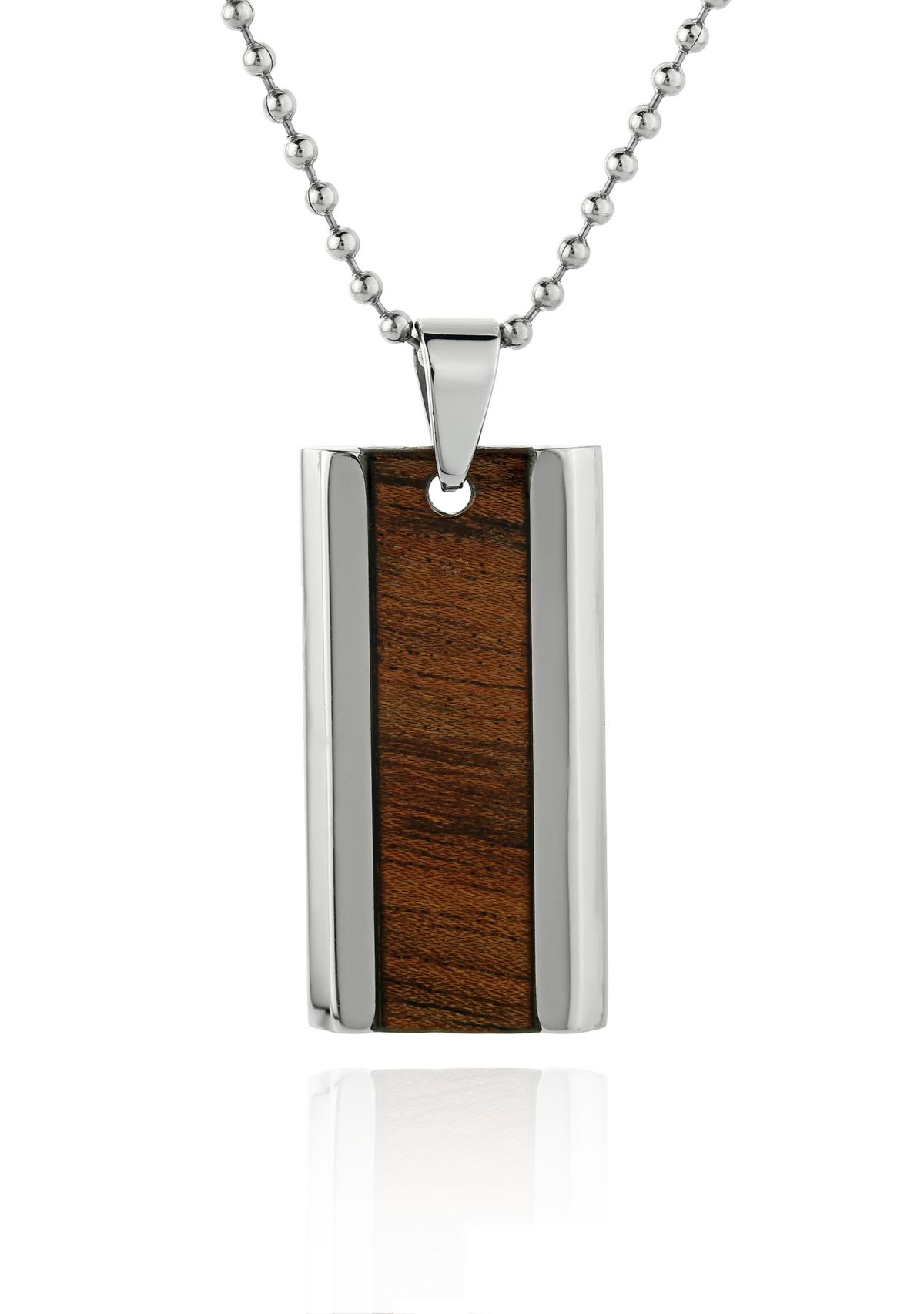 Mens Stainless Steel Brown Wood Dog Tag Pendant