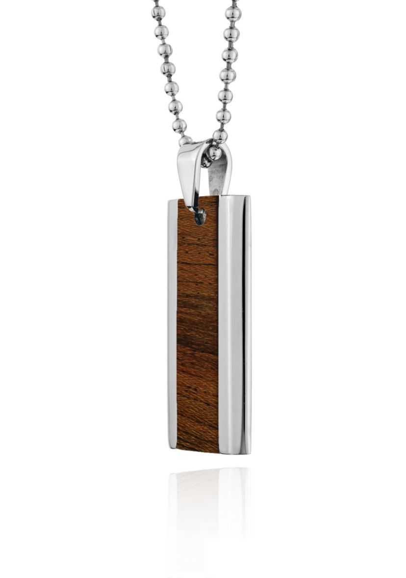Mens Stainless Steel Brown Wood Dog Tag Pendant