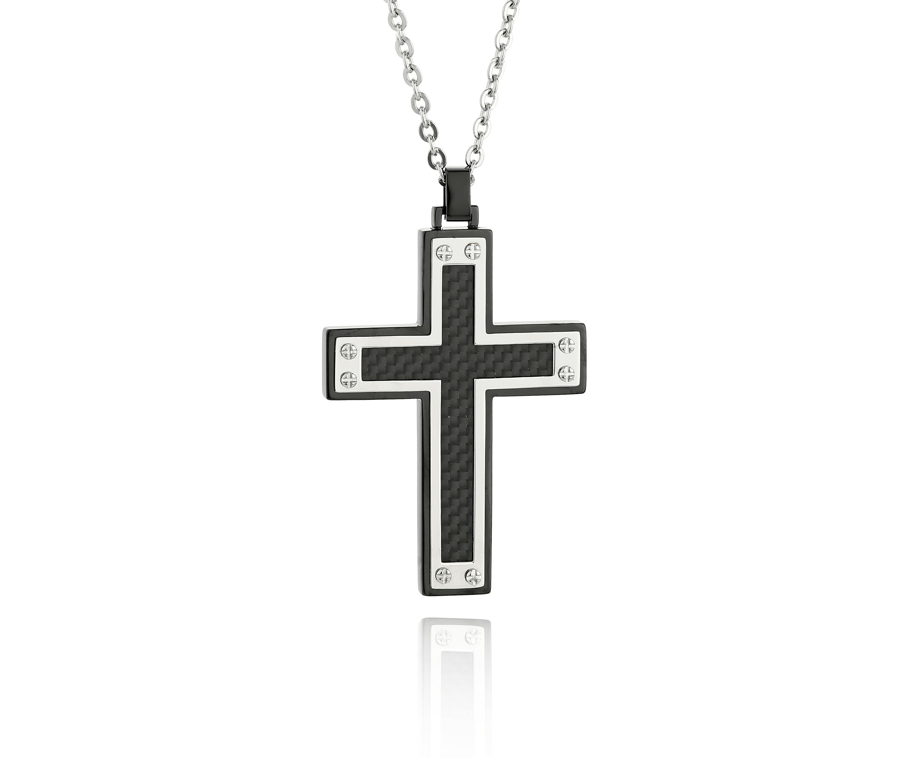 Mens Stainless Steel Black Carbon Fiber Cross Pendant