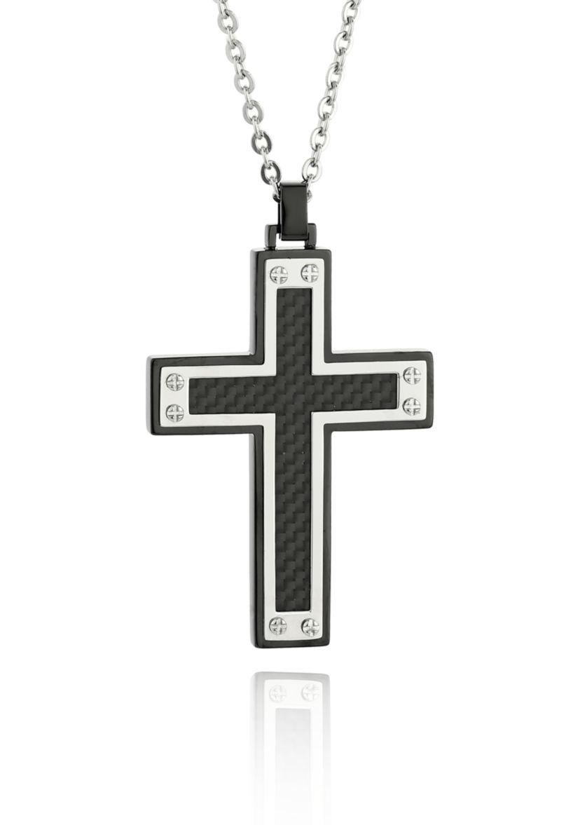 Mens Stainless Steel Black Carbon Fiber Cross Pendant