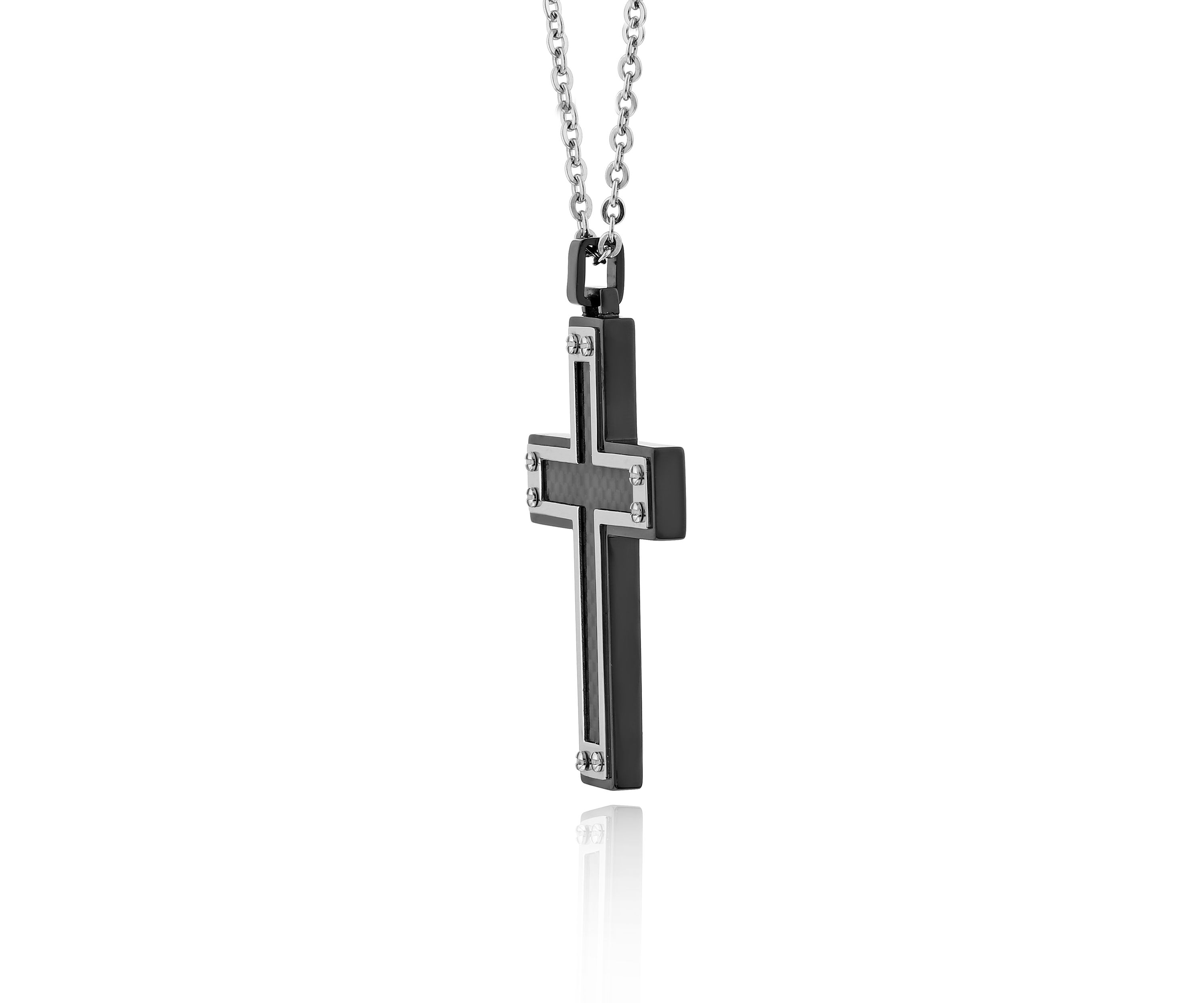 Mens Stainless Steel Black Carbon Fiber Cross Pendant