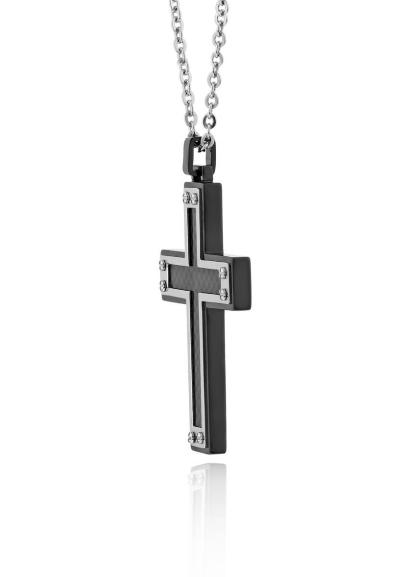 Mens Stainless Steel Black Carbon Fiber Cross Pendant