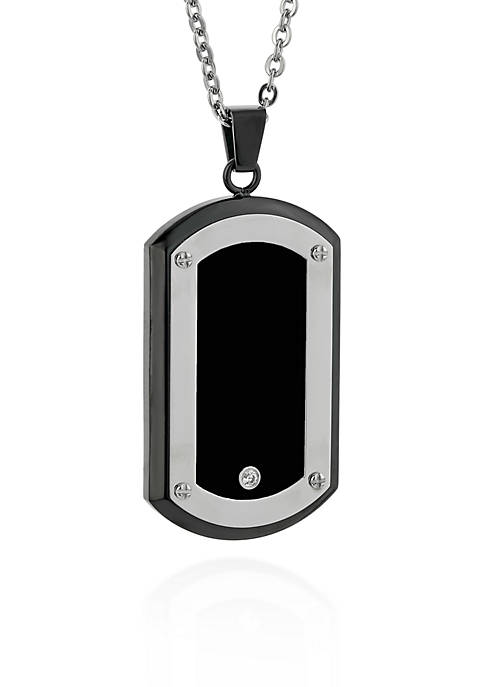 Mens Stainless Steel Black Resin and Cubic Zirconia Dog Tag Pendant