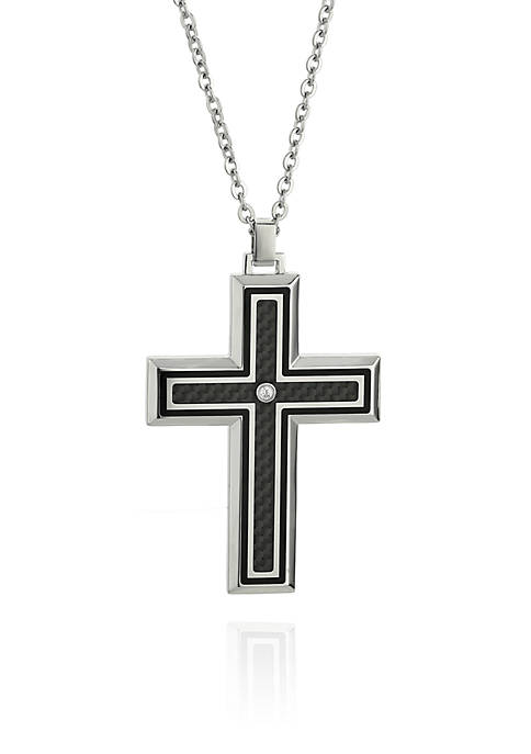 Mens Stainless Steel Black Resin, Carbon, and Cubic Zirconia Cross Pendant