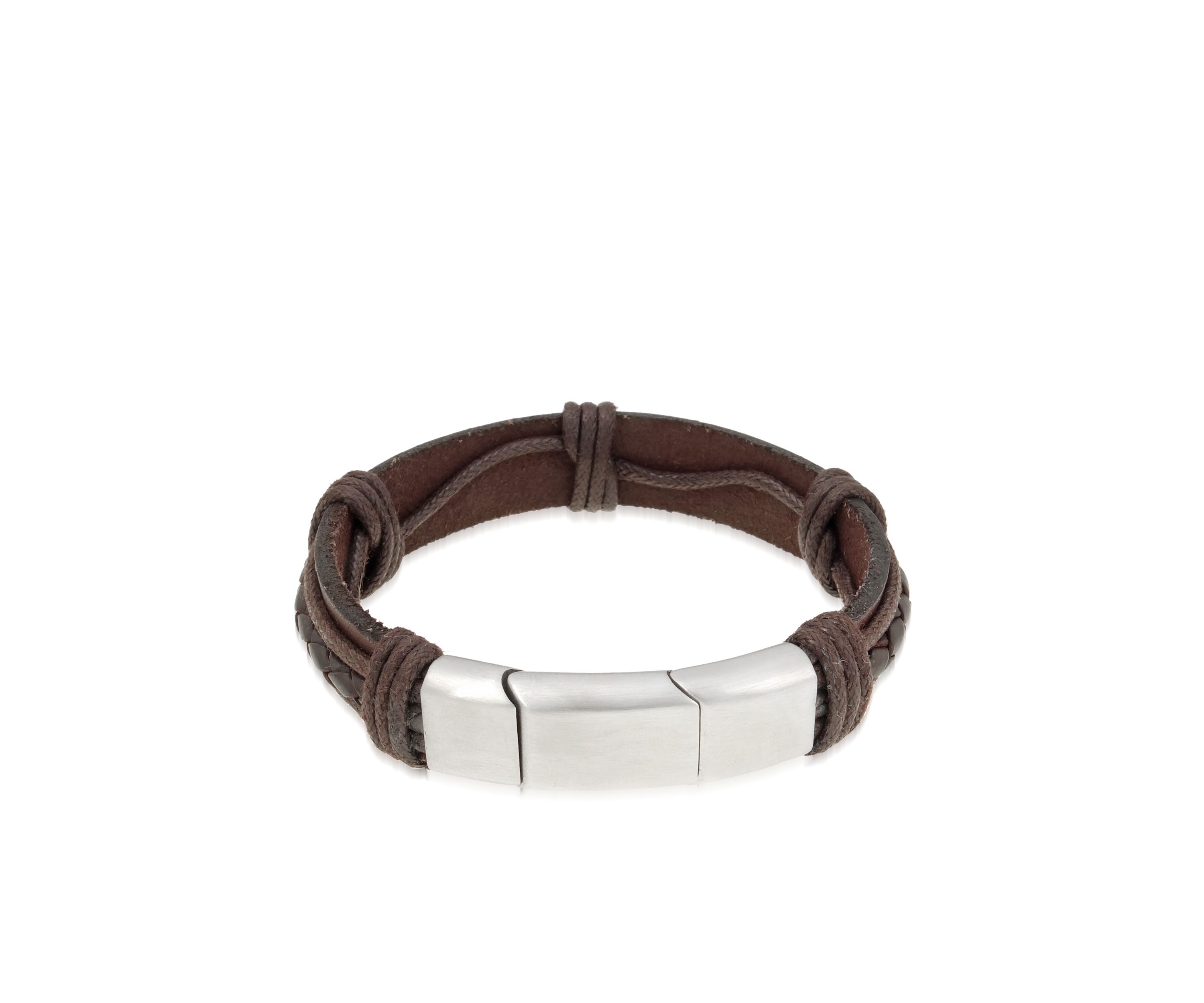 Mens Stainless Steel And Brown Leather Bracelet