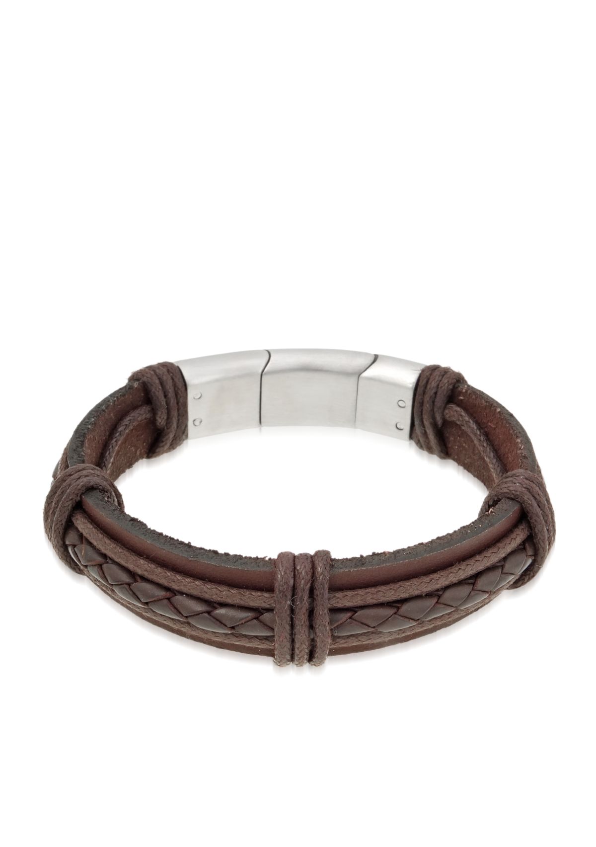 Mens Stainless Steel And Brown Leather Bracelet