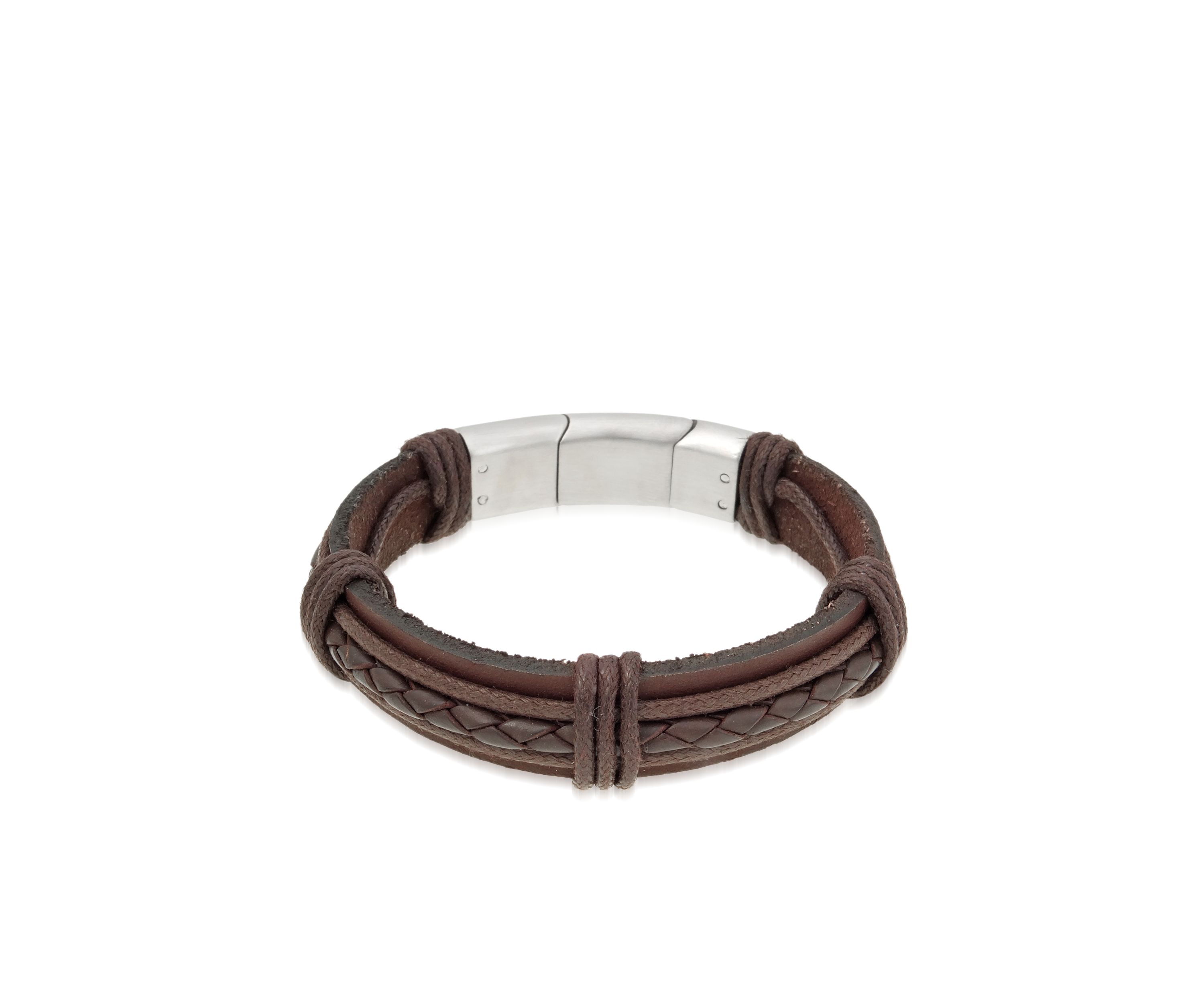 Mens Stainless Steel And Brown Leather Bracelet