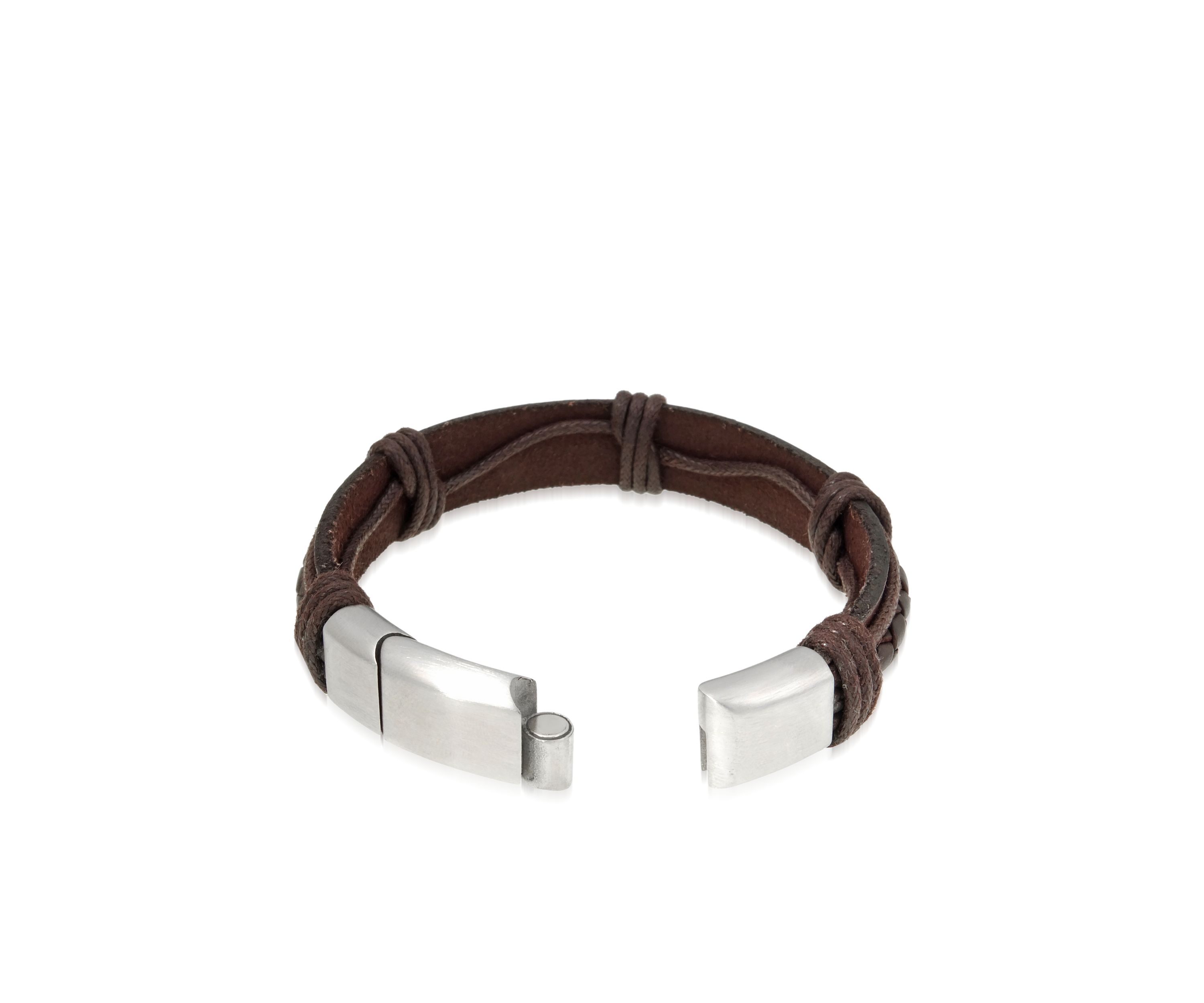 Mens Stainless Steel And Brown Leather Bracelet