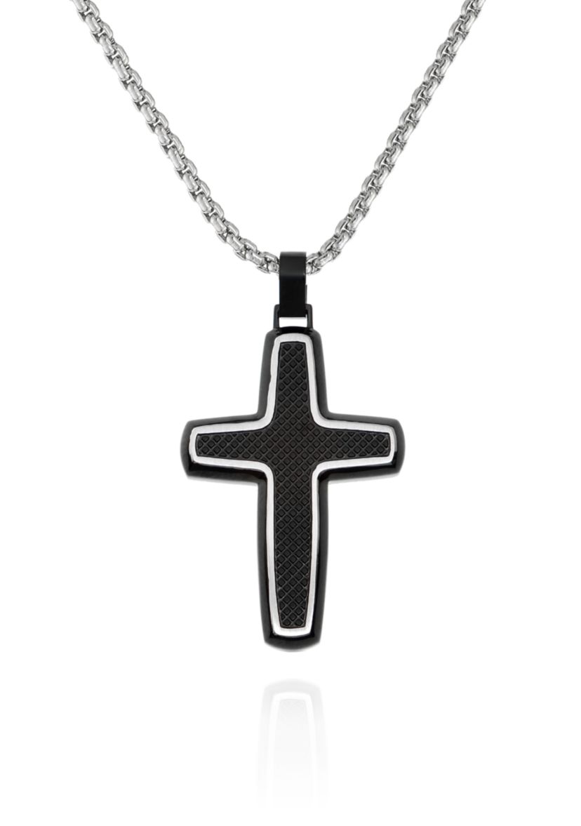 Mens Stainless Steel and Carbon Fiber Cross Pendant