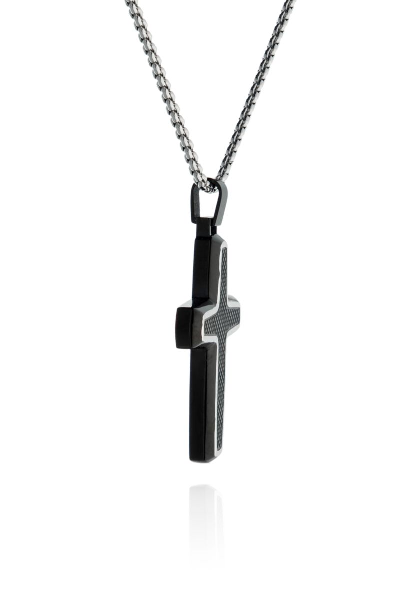 Mens Stainless Steel and Carbon Fiber Cross Pendant