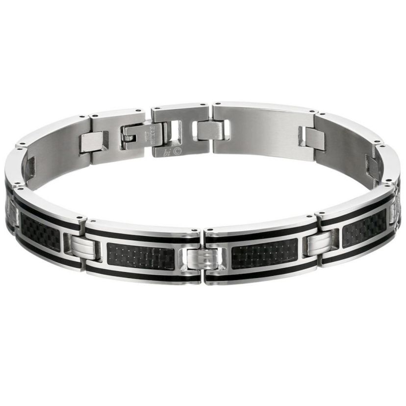 Stainless Steel Link Bracelet with Carbon Fiber and Black Resin