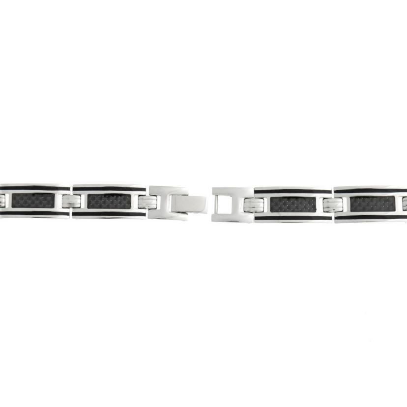 Stainless Steel Link Bracelet with Carbon Fiber and Black Resin
