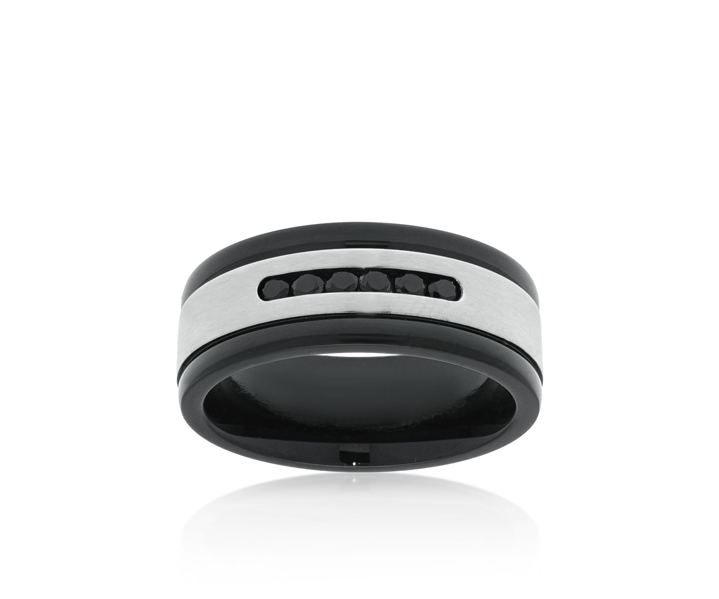 Mens Stainless Steel and Black Cubic Zirconia Ring