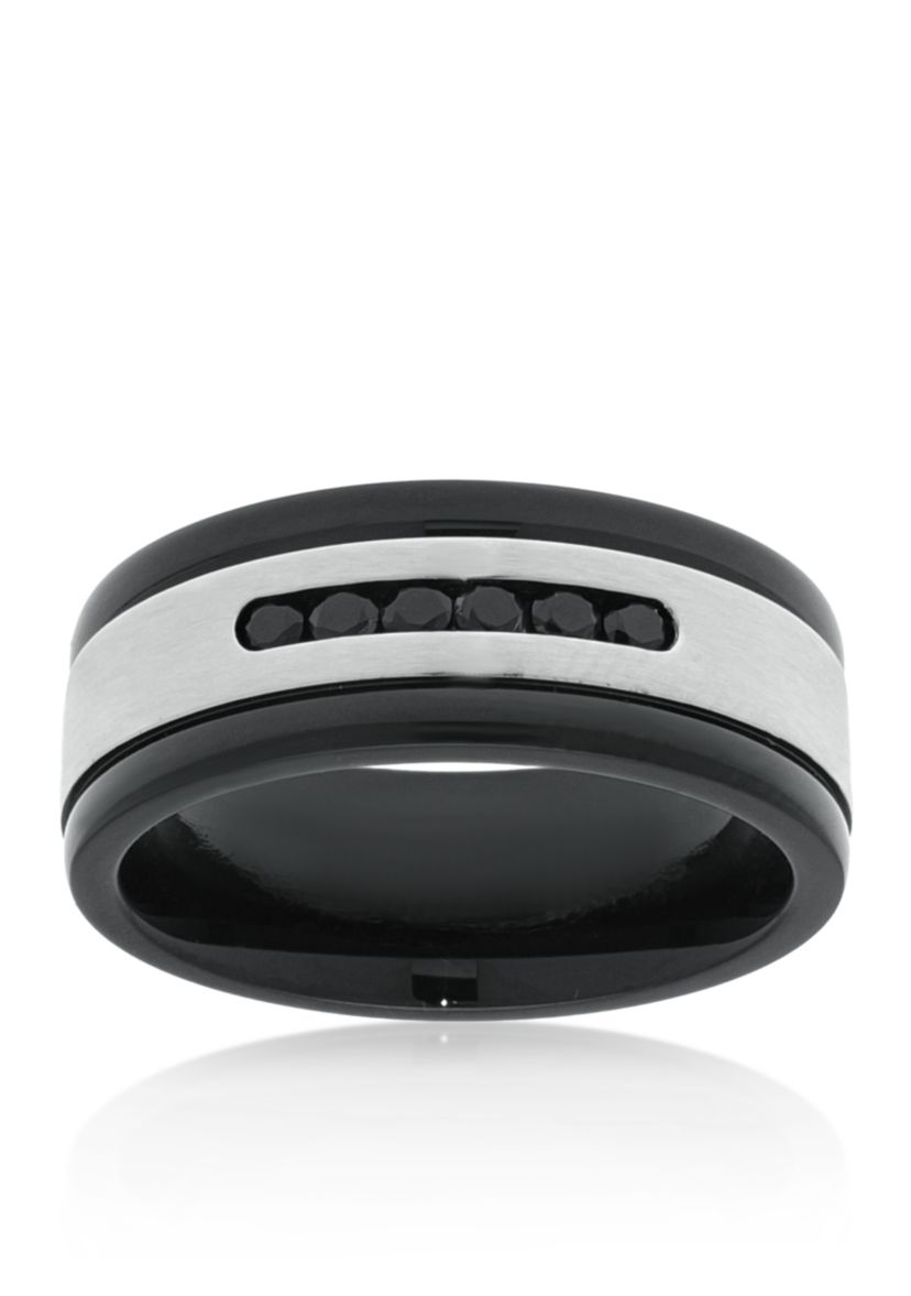 Mens Stainless Steel and Black Cubic Zirconia Ring